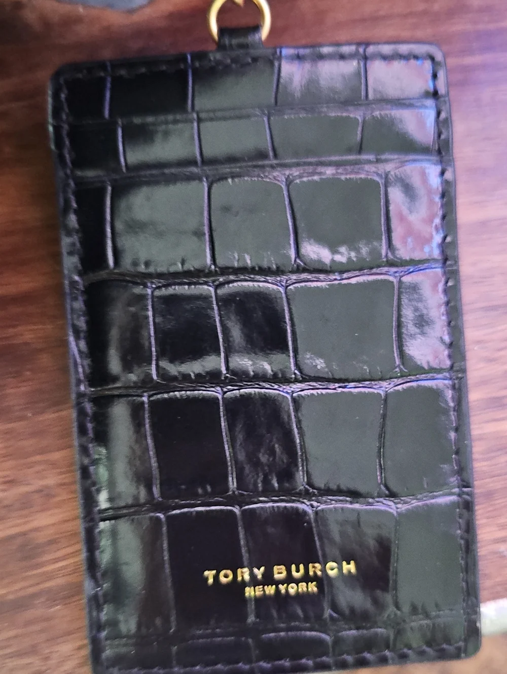Tory Burch Black Croc-Embossed Zip Wallet with Gold Logo - Excellent Condition!